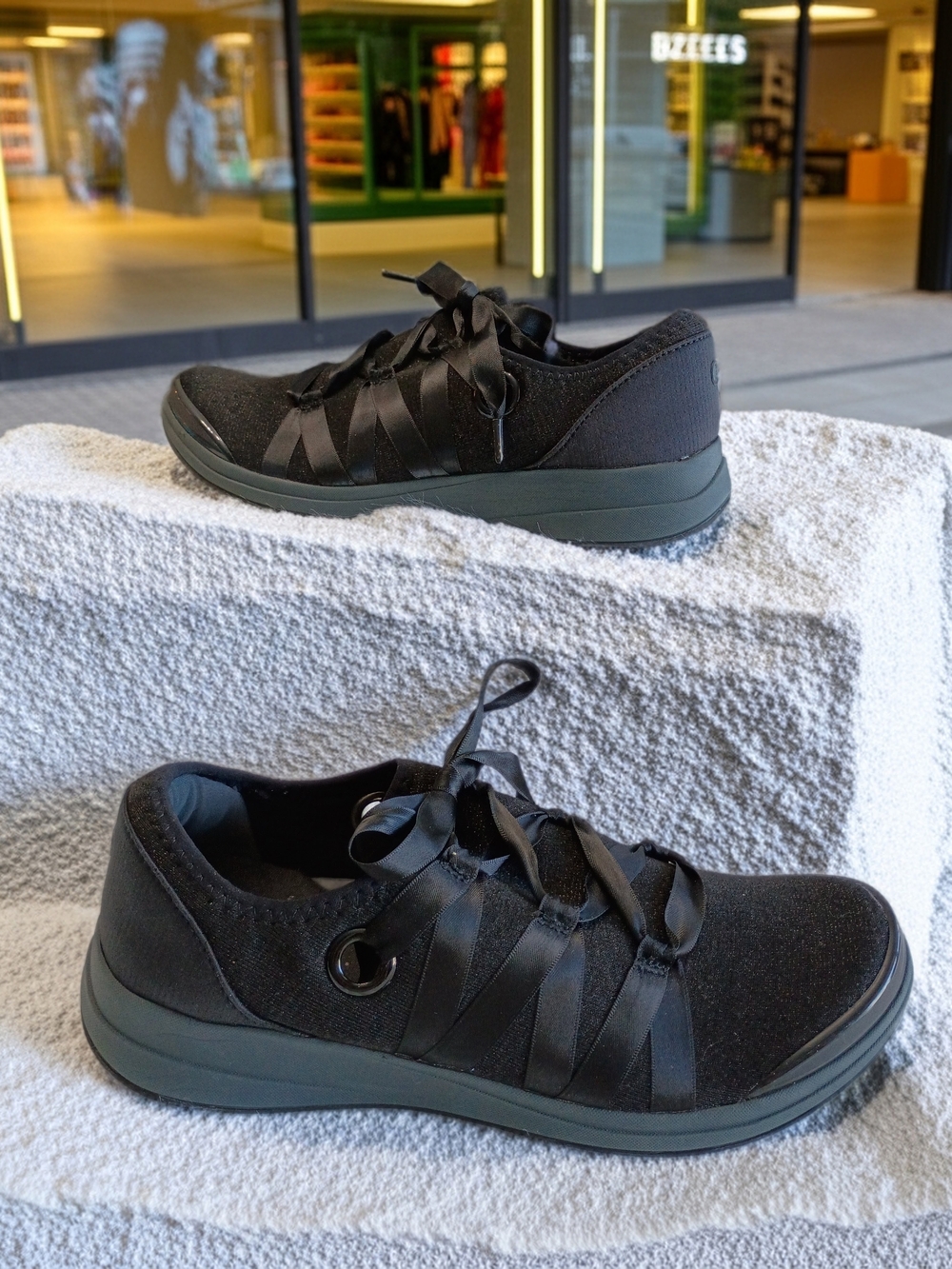 Bzees Black Satin-Ribbon Lace Comfort Slip On Sneakers 8.5